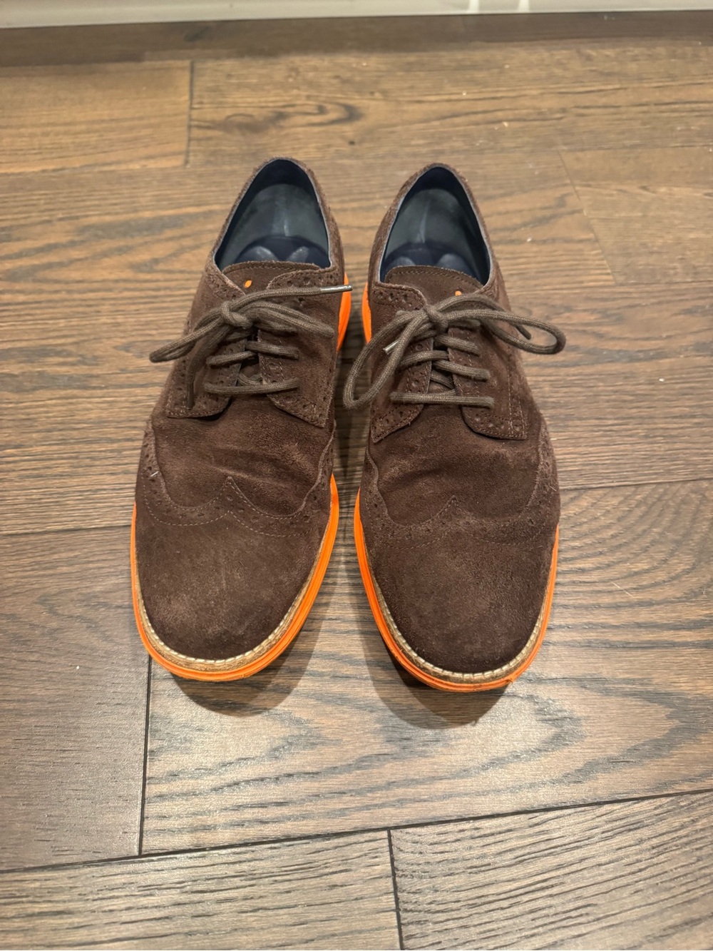 Cole Haan Brown Suede Wingtip Oxfords with Orange Sole size 9.5 me